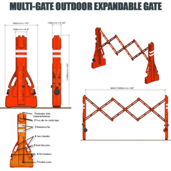 Multi-Gate Outdoor Safety Gate Barrier Features Drawing Dimensions